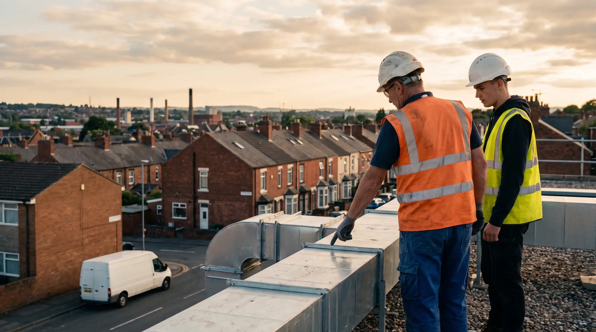 A site supervisor and an apprentice looking over rooftop plant on a commercial building