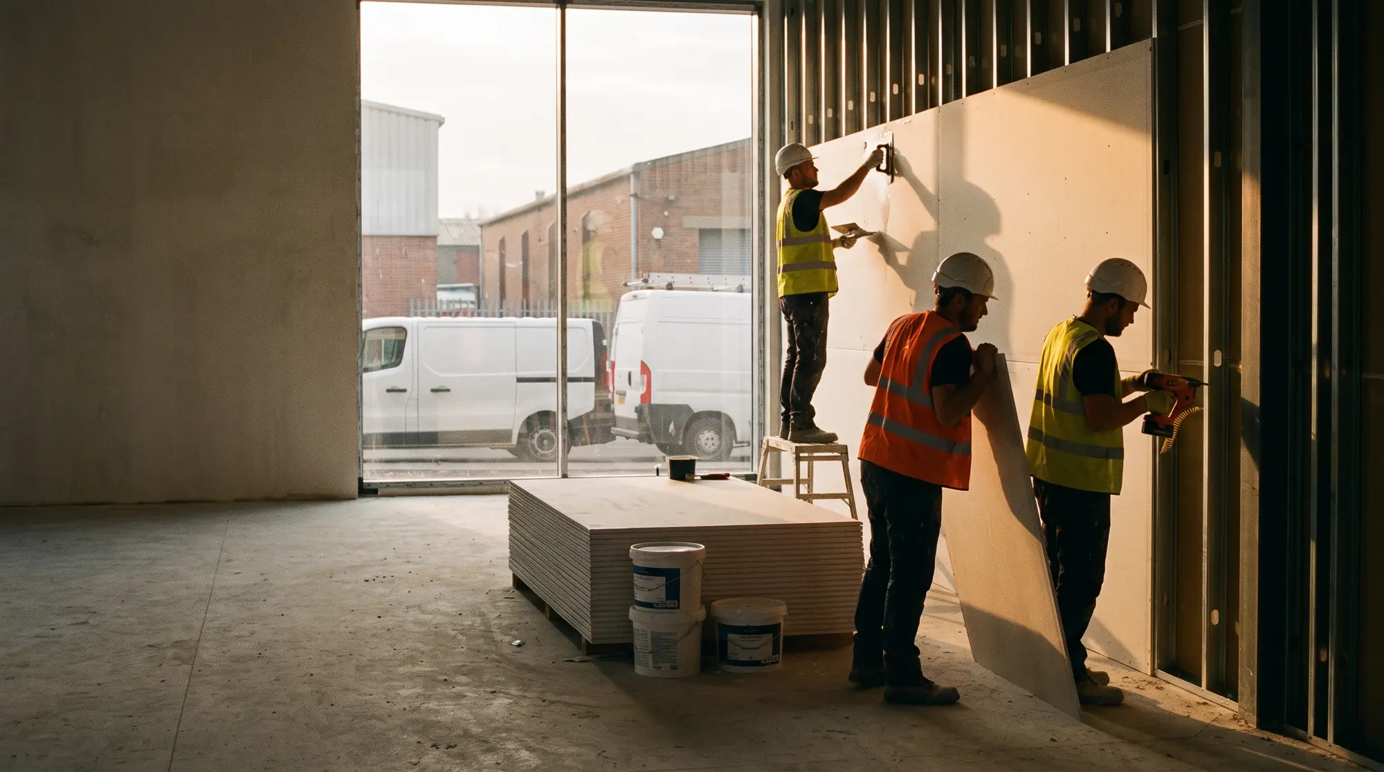A drylining crew fixing plasterboard on a commercial fit-out