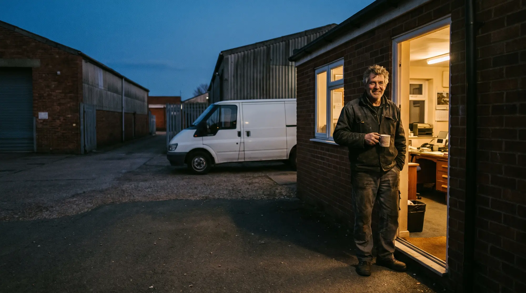 A business owner at the door of his works office at dusk