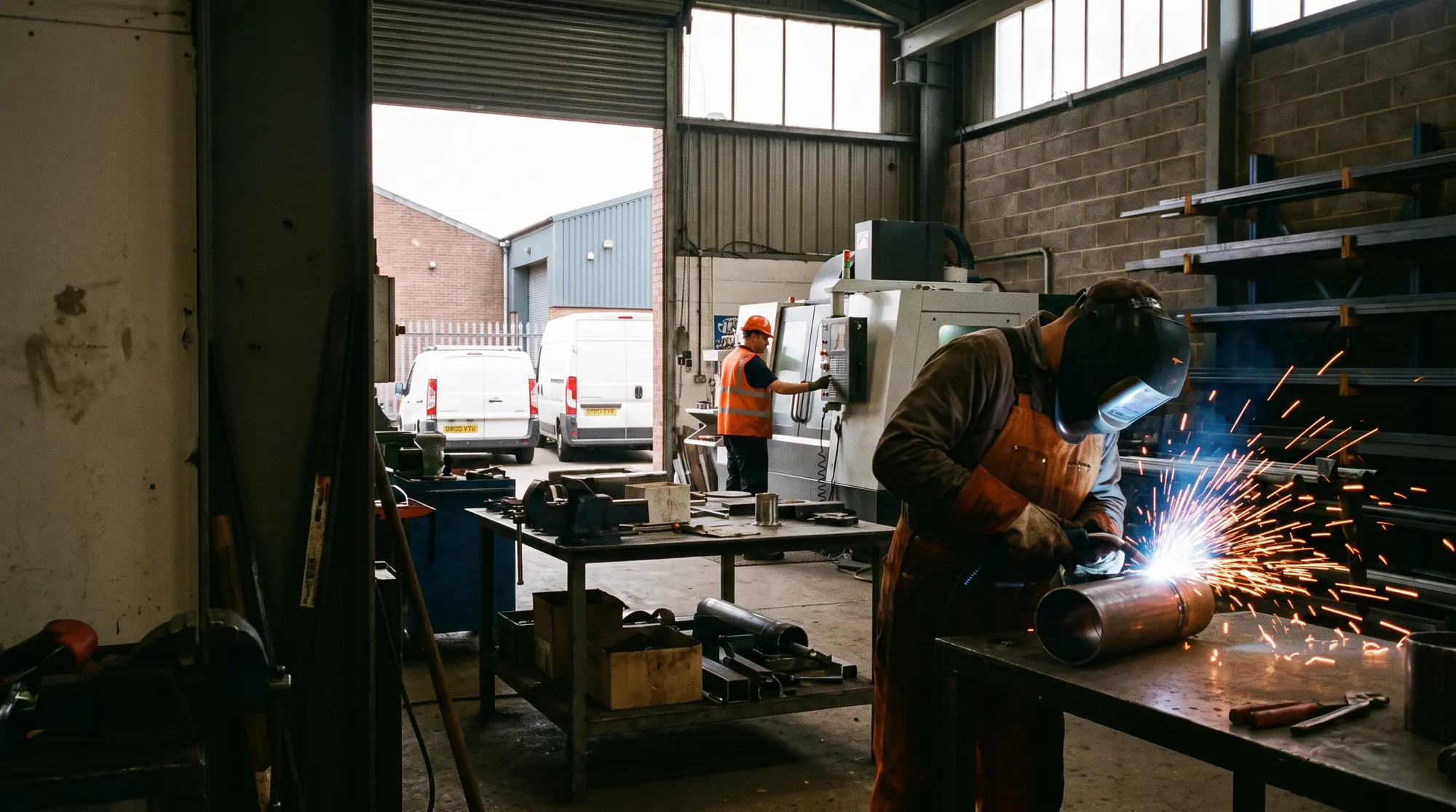 A fabricator welding a pipe spool in an engineering workshop