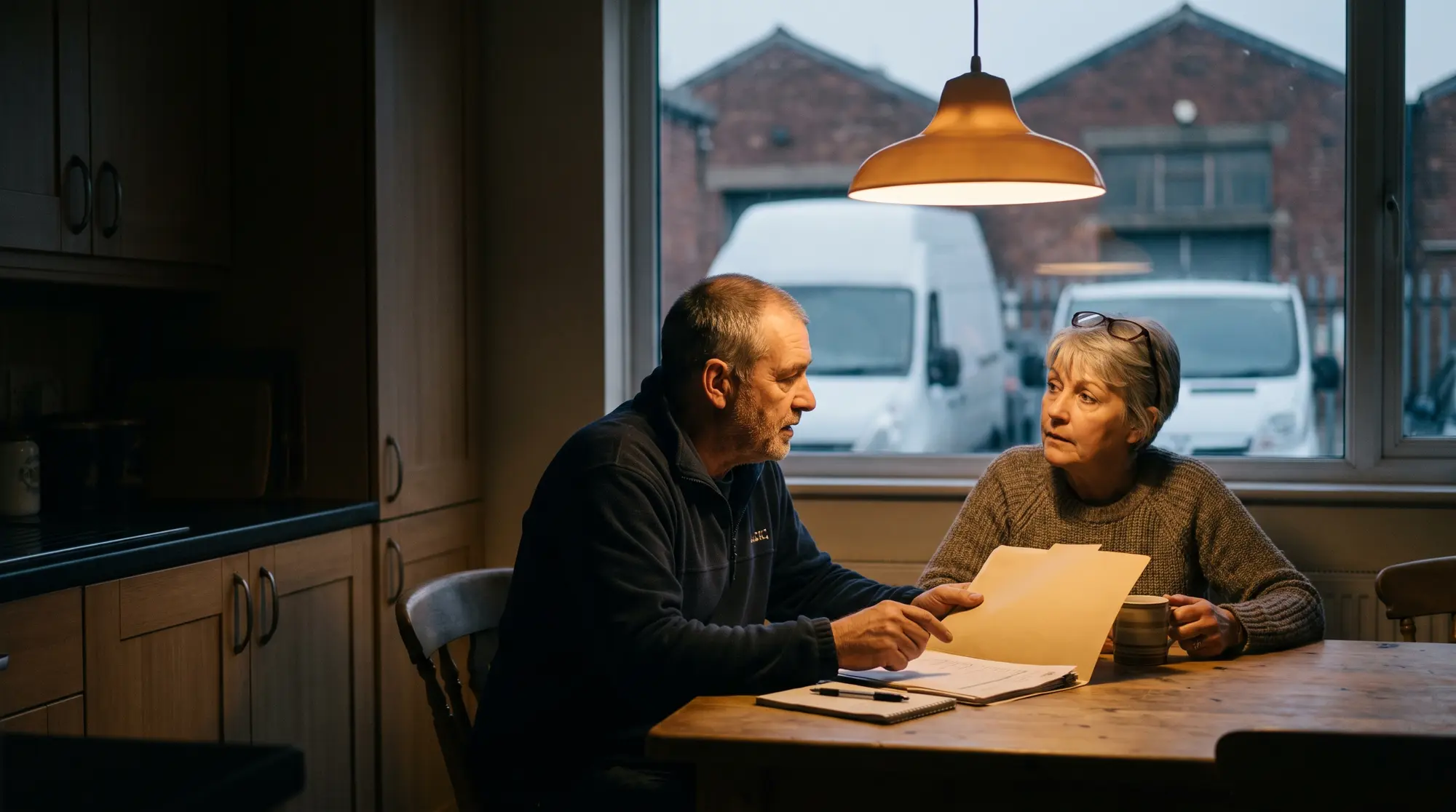 A couple who run a family business talking through paperwork at their kitchen table