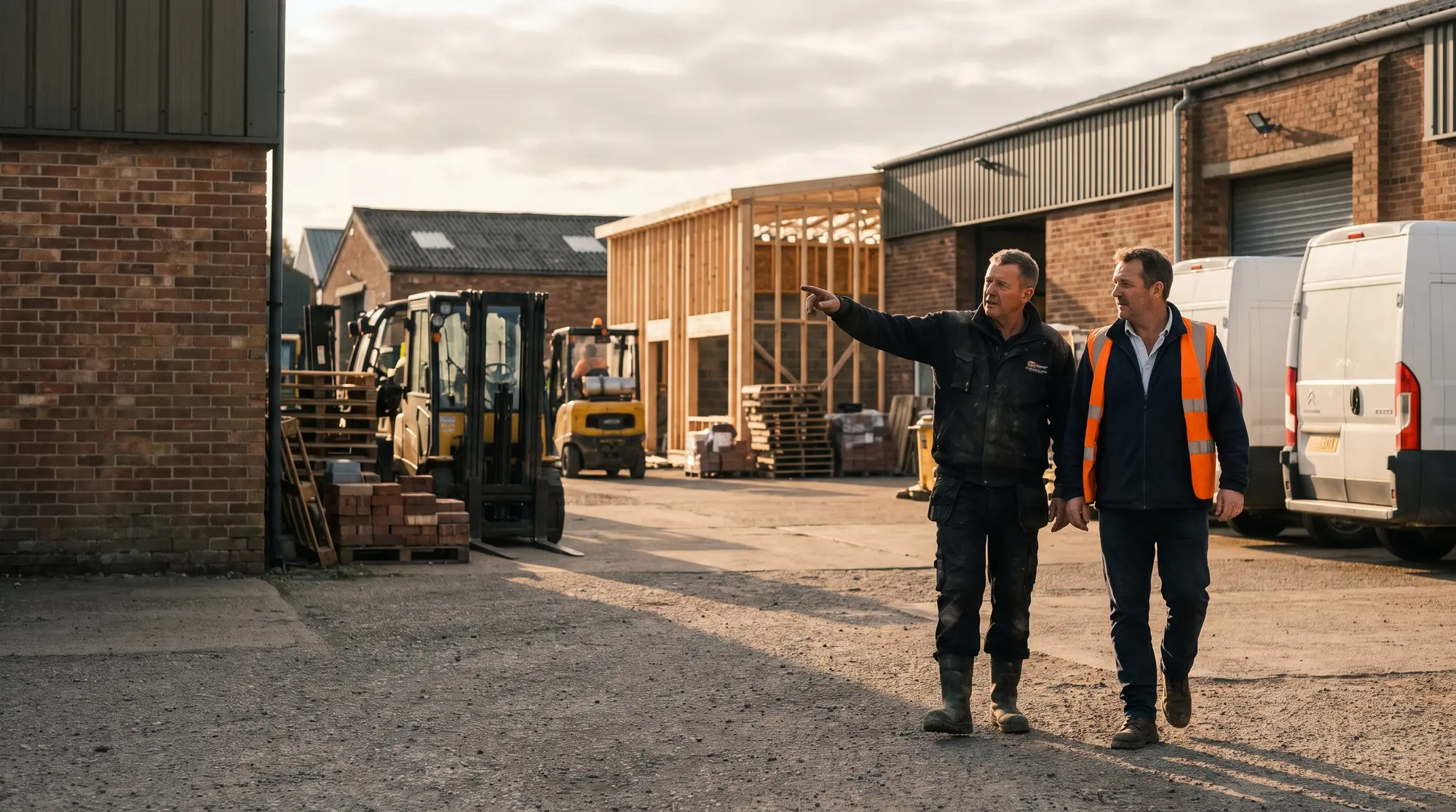 A business owner and his acquisition partner walking through the yard of a growing contracting business