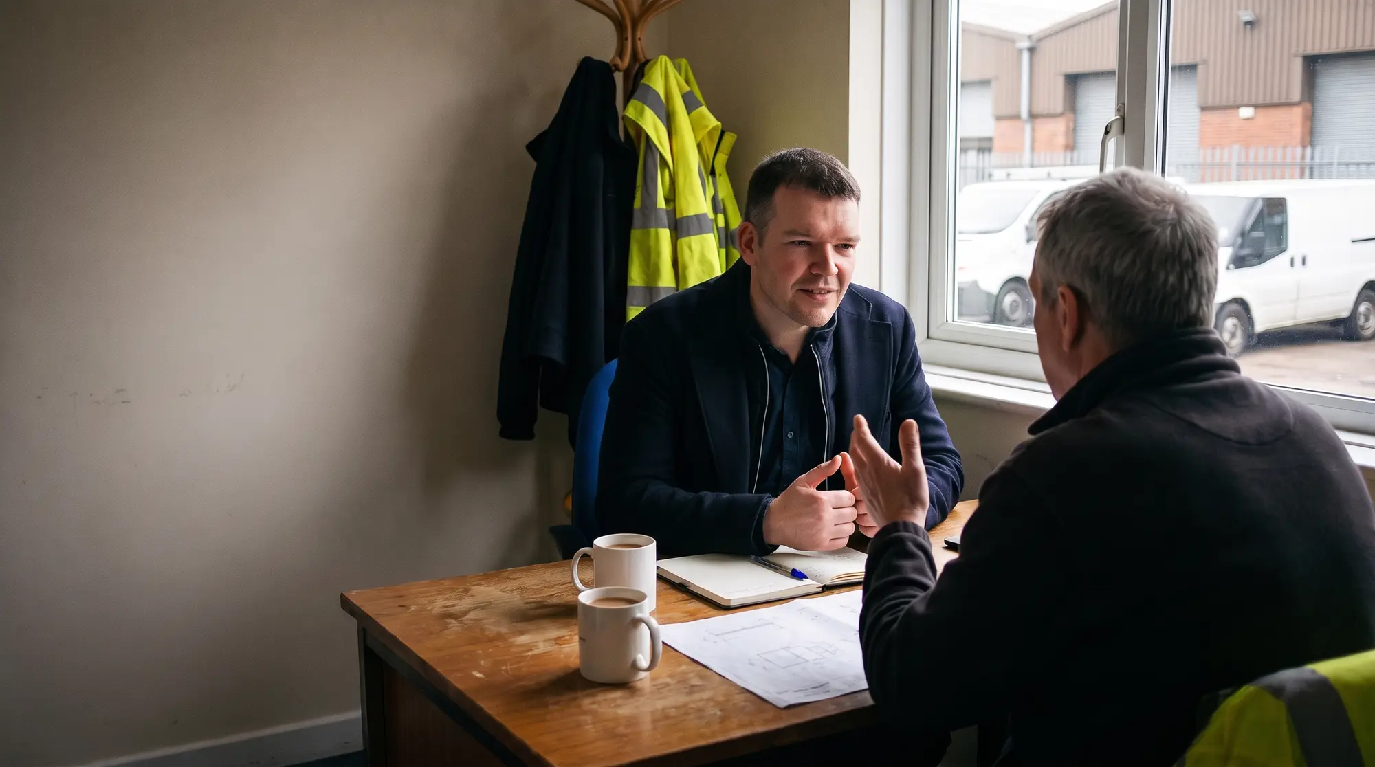 Lee Smith listening to a business owner across a desk in a site office