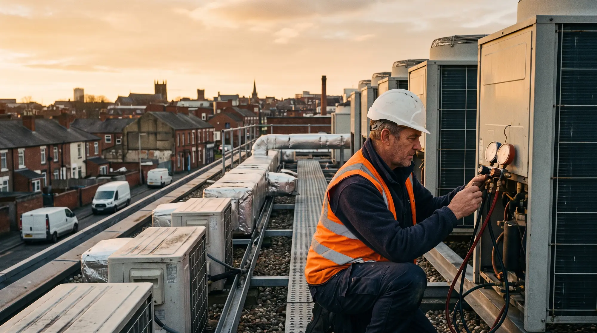 An HVAC engineer checking refrigerant gauges on a rooftop condensing unit