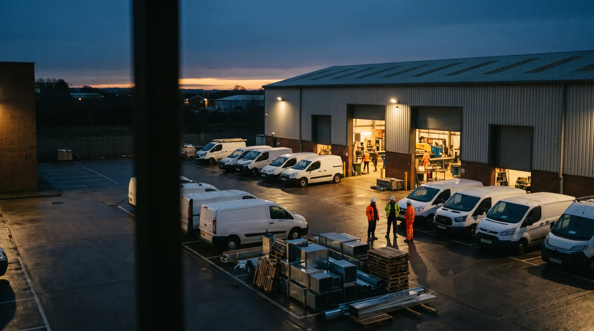 A contractor’s depot at dusk with vans on the forecourt and the workshop lit