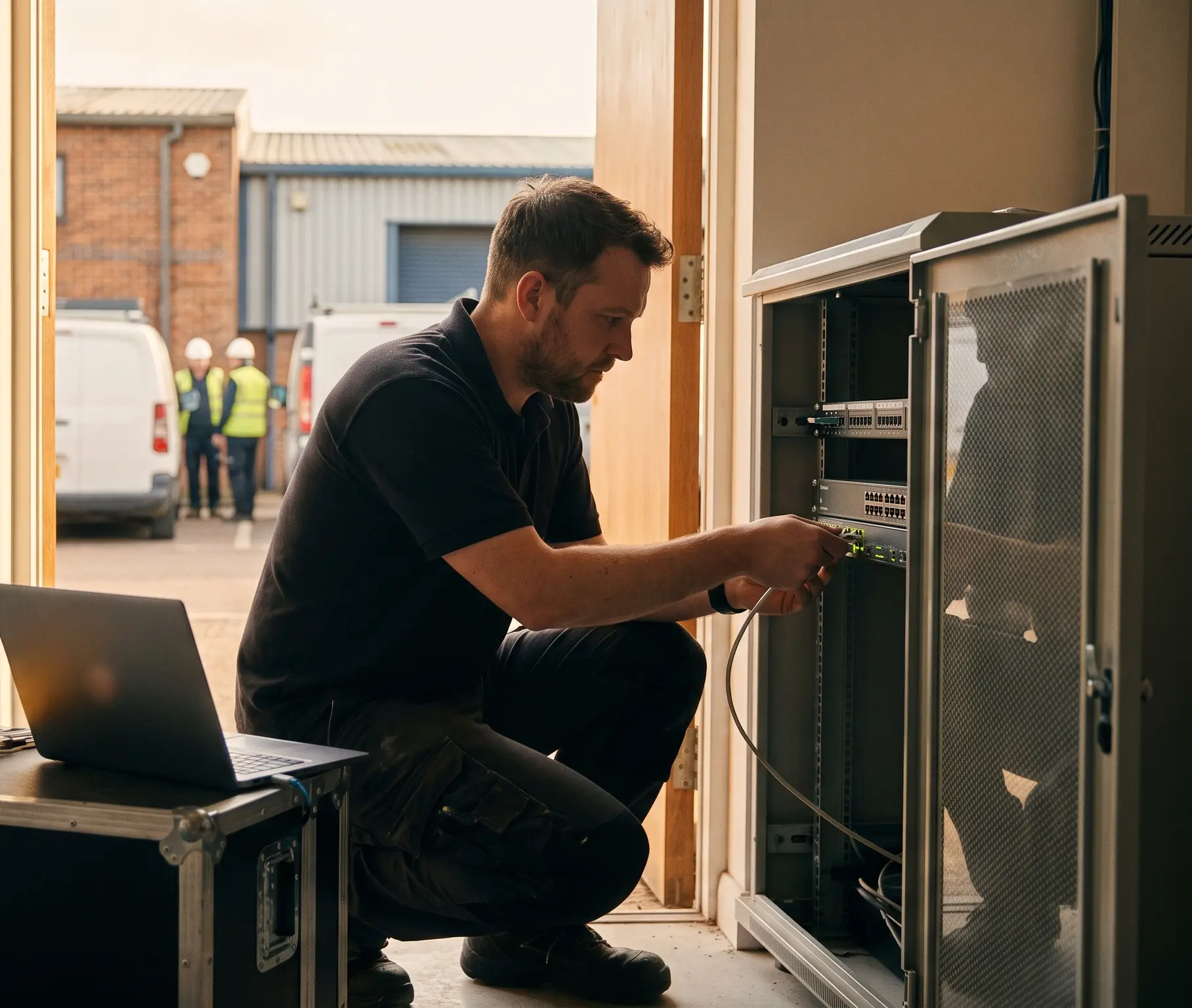 An IT engineer patching cables in a server cabinet