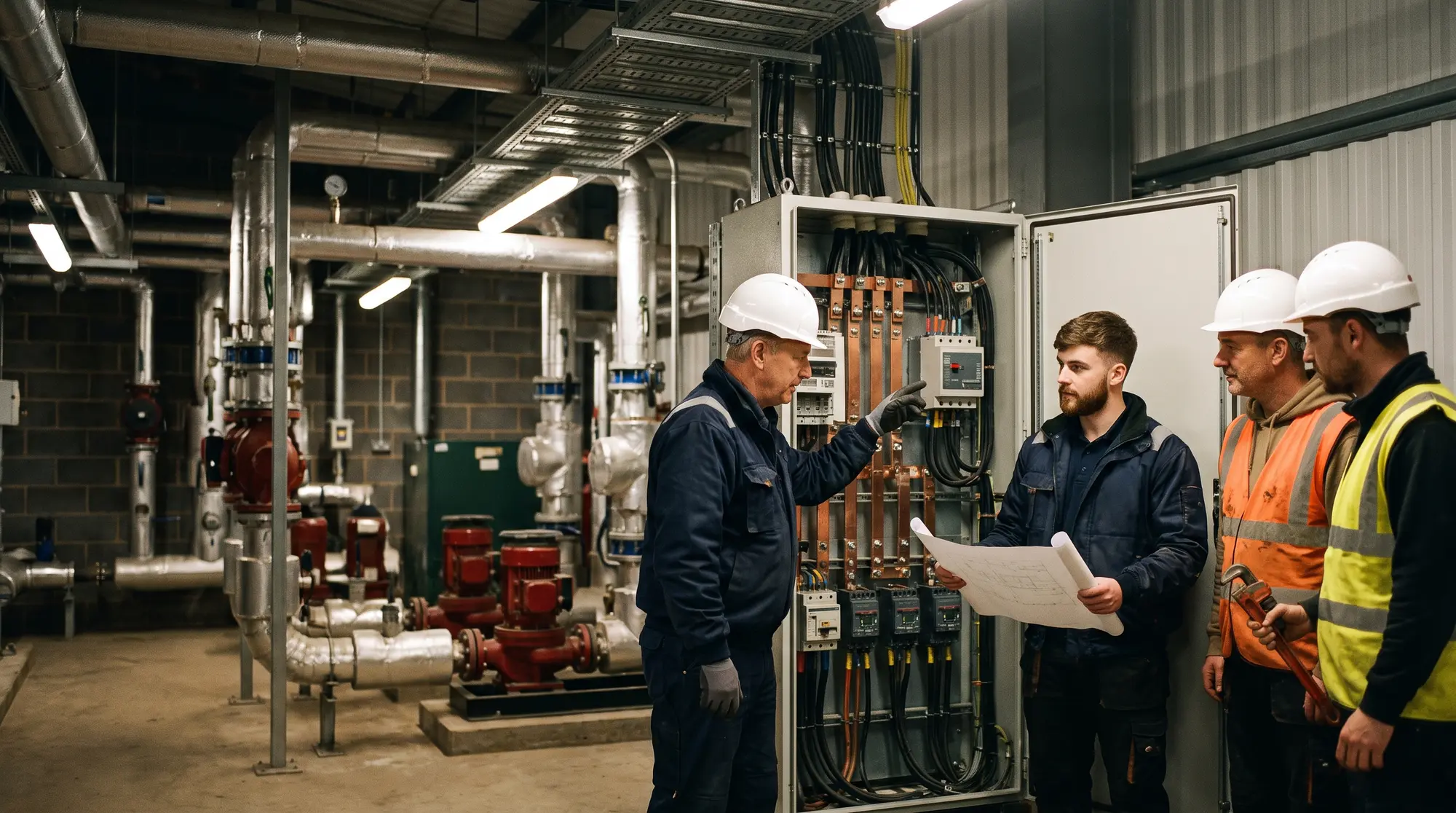 A team of M&E engineers at work in a commercial plant room