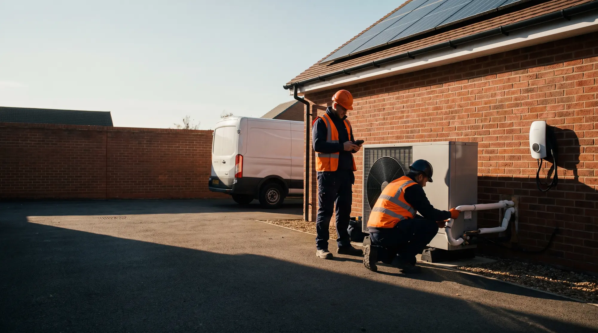 Installers commissioning an air source heat pump beside a building with solar panels