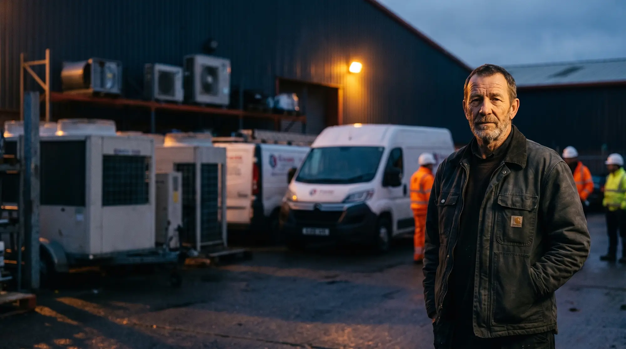 A business owner standing in his industrial yard in front of his fleet at dusk