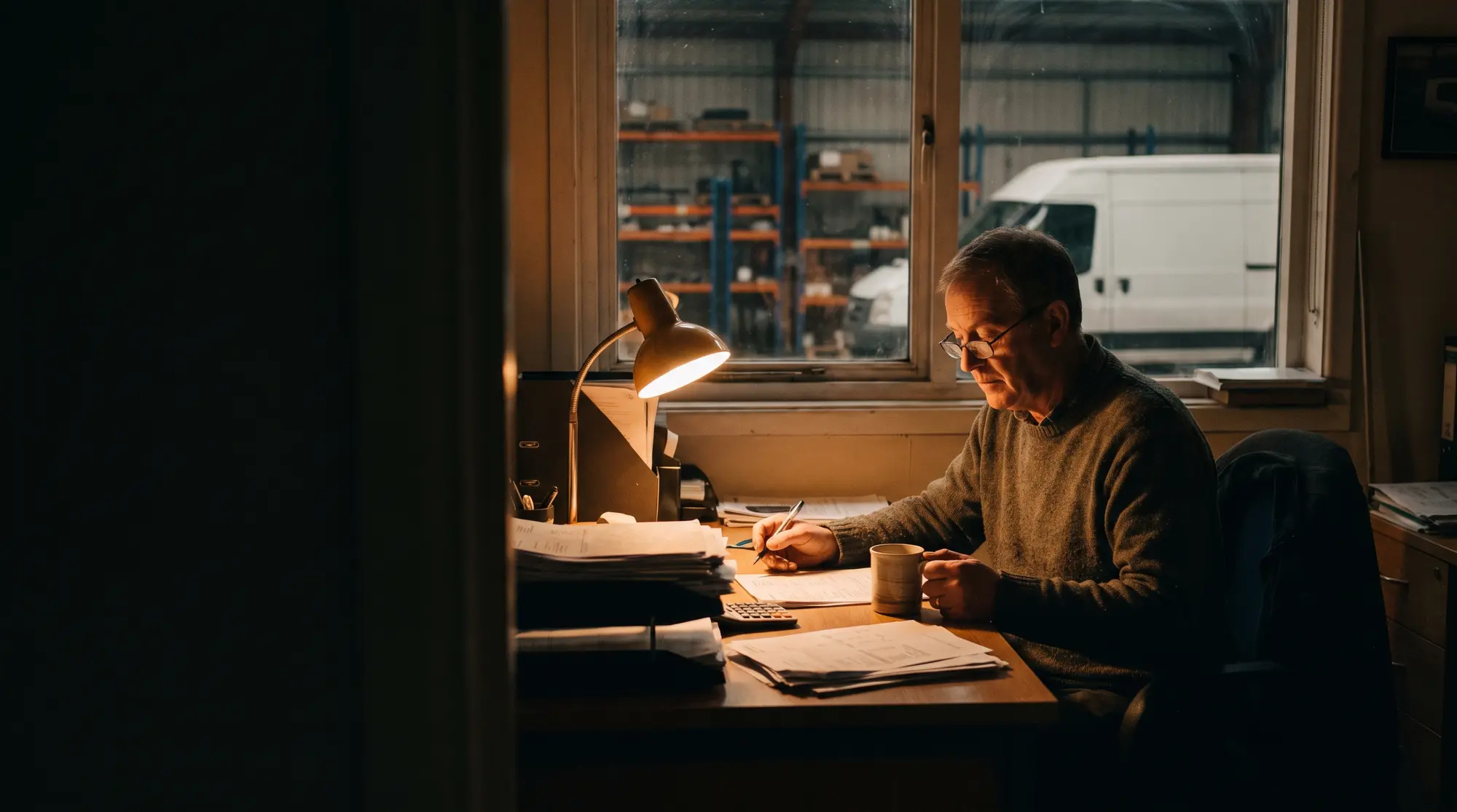 A business owner reviewing his accounts at his desk above the workshop