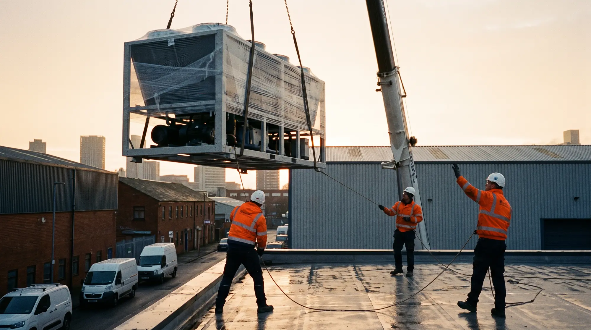 Engineers guiding a rooftop chiller into place under a crane at dawn