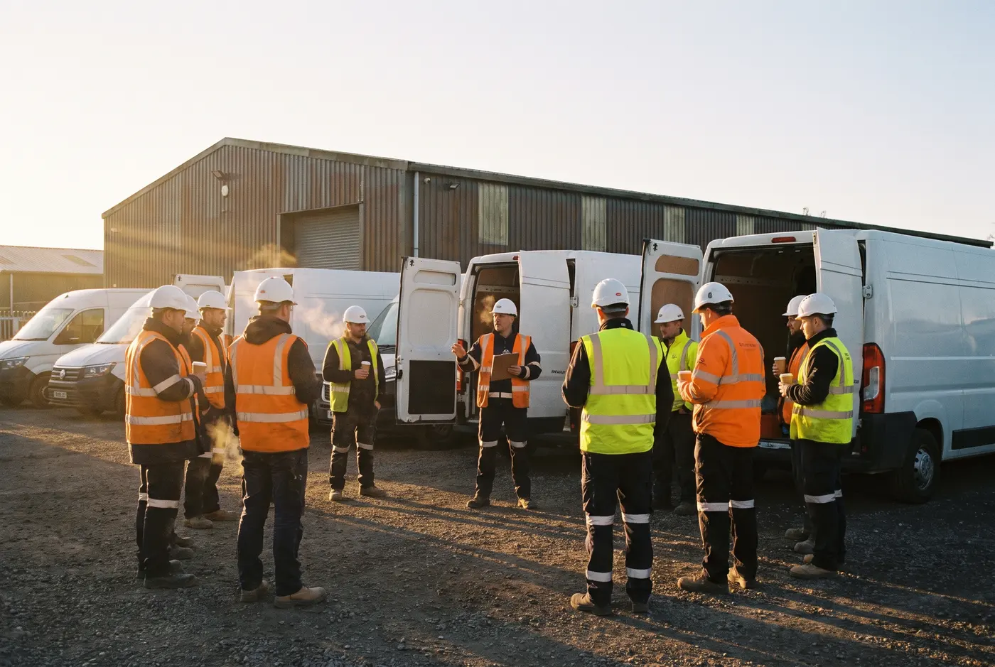 A contracting team at a morning briefing beside their vans